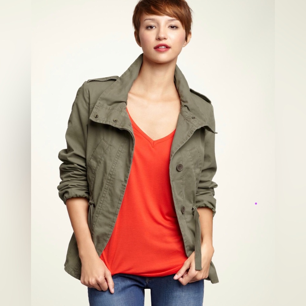 Vintage Y2K GAP Utility Jacket Olive Green Field Washed Cotton Funnel-Neck sz XS